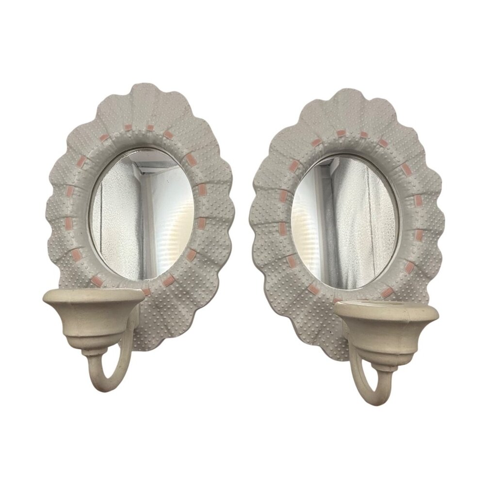 Vintage Mirror Wall Sconces Pair, White Oval Candle Holders, Shabby Chic HomCo
